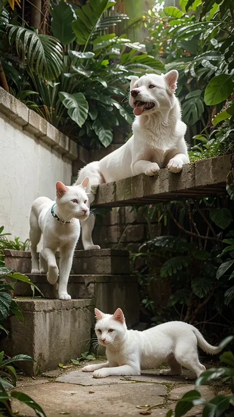 Beautifull white Dogs and white cat living in the bright jungle