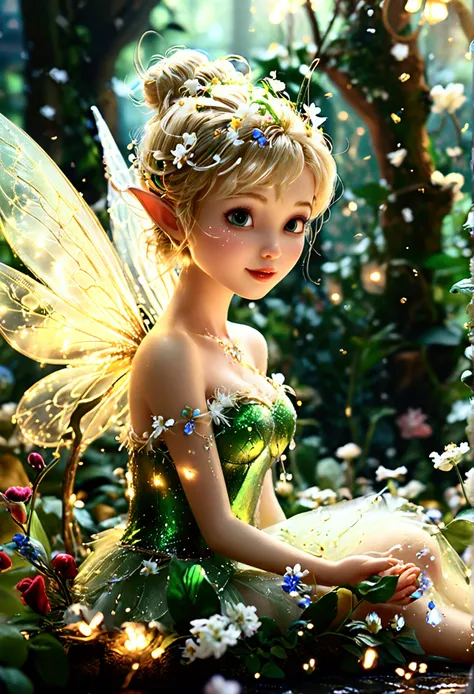 realistic fairy forest_Tinkerbell sitting on a flower petal, Tinkerbell made of gold and white transparent light_delicate features, Translucent luminous body, clear and pale skin , A variety of small flowers and plants made of light, Ultrafine particles sh...