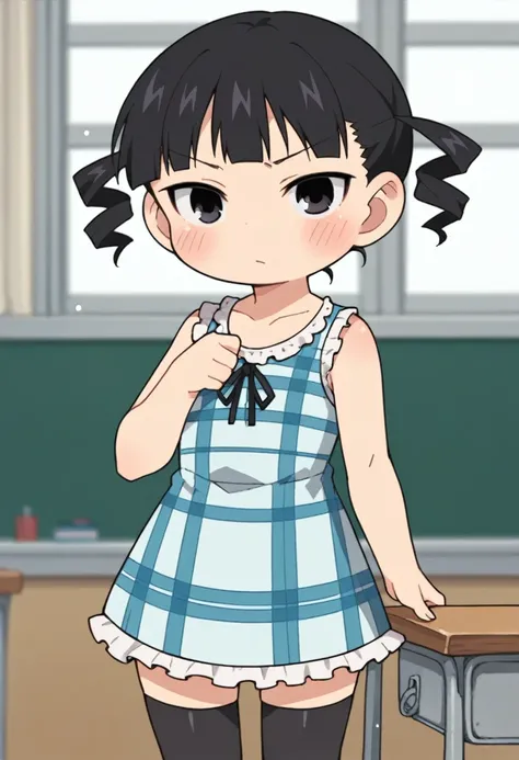 score_9, score_8_up, score_8, source_anime, 1girl, chibi, solo, black hair, twintails, twin drills, short hair, black eyes, blus...