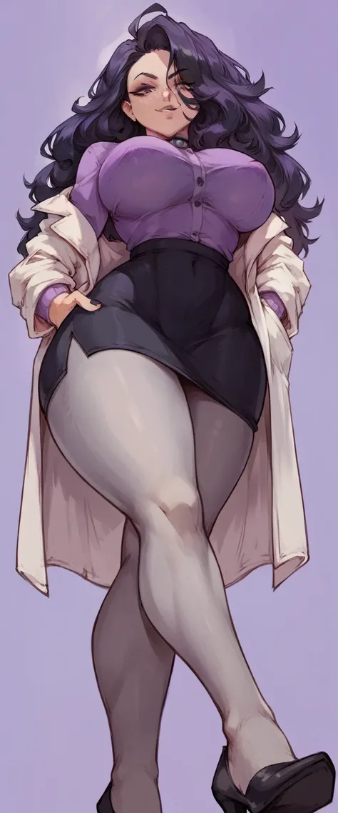 (solo) female , black long fluffy hair, woman (big breasts:1.5), attractive, goth, purple shirt, tight black skirt, lab coat, grey pantyhose,   fit body, thicc, freckles, freckles on face, smug eyes, (happy expression), she is standing look to the viewer ,...