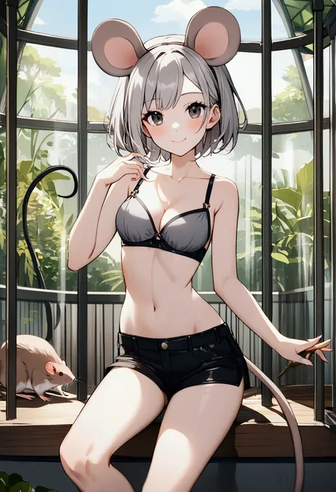 1girl with short grey hair, black eyes, slender body, medium breasts, natural mouse ears, natural mouse tail, smile, grey bra, short shorts,zoo aviary