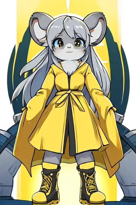 koala woman, long gray hair, yellow raincoat, yellow waterproof boots