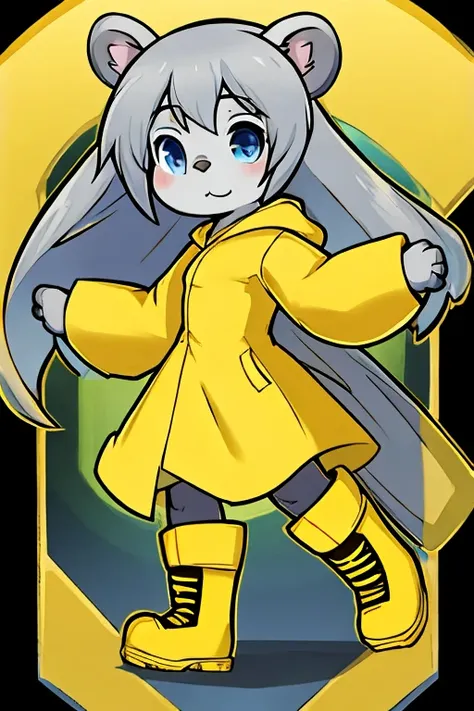 koala woman, long gray hair, yellow raincoat, yellow waterproof boots