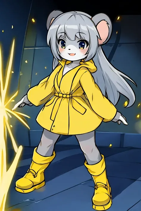 koala woman, long gray hair, yellow raincoat, yellow waterproof boots