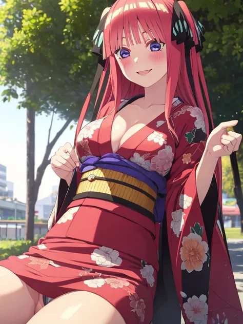 best quality, insanely detailed, nino nakano, kimono, breasts, blush, outdoor background, smile, pussy, spread legs, backstyle