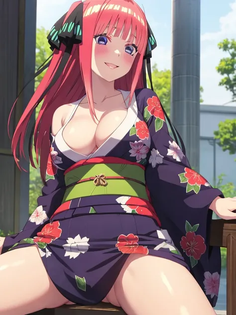 best quality, insanely detailed, nino nakano, kimono, breasts, blush, outdoor background, smile, pussy, spread legs, backstyle