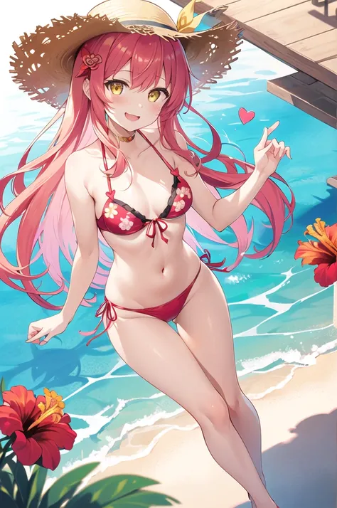 girl、cute、Yandere、Until death、Princess、young、Con、、young、cute、Yellow Eyes、Pink Hair、Super Long Style、Half Twin、hibiscus、Straw hat、Big ribbon、cute、Being spoiled、Watery eye、heart、heart，smile、Be happy、Eyes glow pink、Red cheeks、Hawaii、Floral Bikini，Small breast...