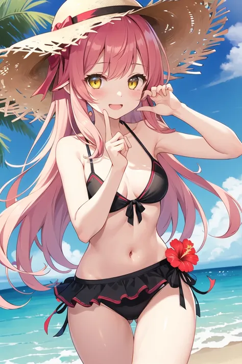 girl、cute、Yandere、Until death、Princess、young、Con、、young、cute、Yellow Eyes、Pink Hair、Super Long Style、Half Twin、hibiscus、Straw hat、Big ribbon、cute、Being spoiled、Watery eye、heart、heart，smile、Be happy、Eyes glow pink、Red cheeks、Hawaii、Floral Bikini，Small breast...