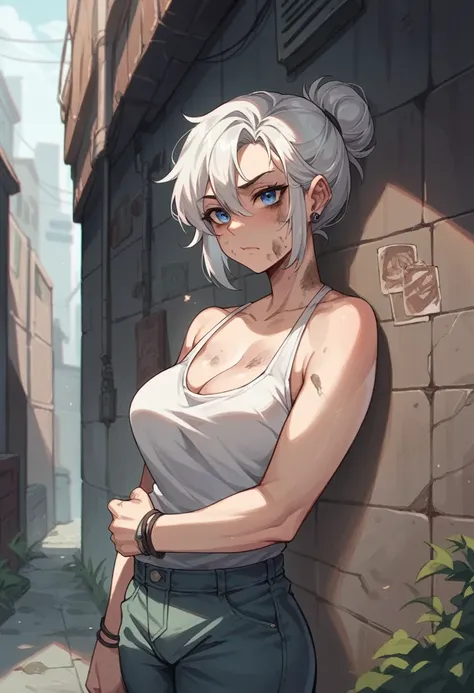 An ugly and fat dirty beggar in a dirty city alley, looking at a girl with white hair and sexy blue eyes passing in front of him 