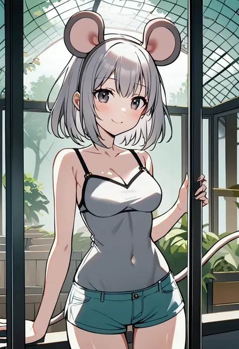 1girl with short grey hair, black eyes, slender body, medium breasts, natural mouse ears, natural mouse tail, smile, grey bra, short shorts,zoo aviary