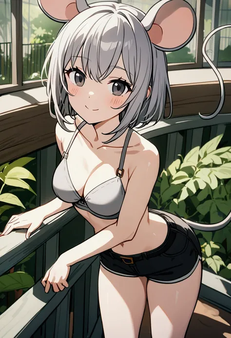 1girl with short grey hair, black eyes, slender body, medium breasts, natural mouse ears, natural mouse tail, smile, grey bra, short shorts,zoo aviary