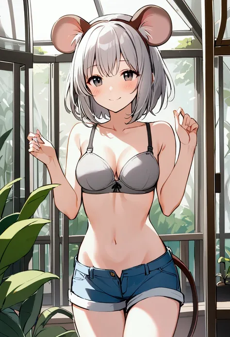 1girl with short grey hair, black eyes, slender body, medium breasts, natural mouse ears, natural mouse tail, smile, grey bra, short shorts,zoo aviary