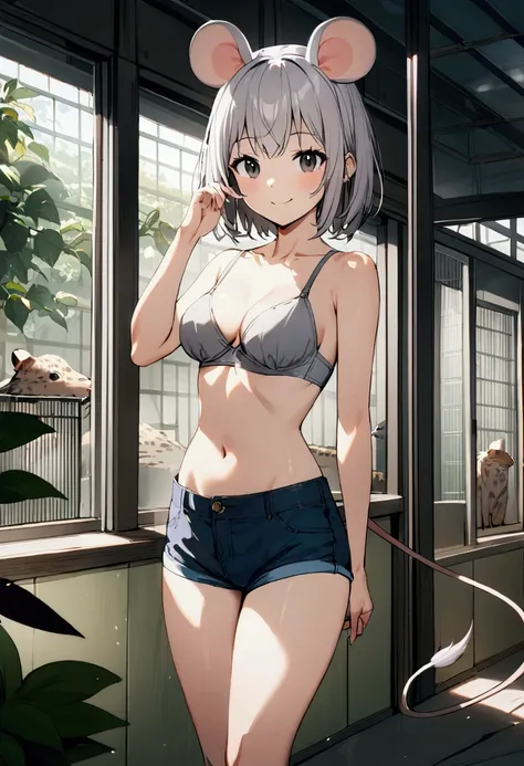 1girl with short grey hair, black eyes, slender body, medium breasts, natural mouse ears, natural mouse tail, smile, grey bra, short shorts,zoo aviary