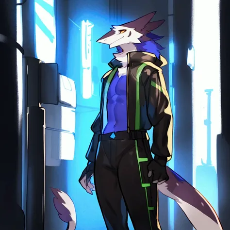 by bebebebebe, by spuydjeks, by buta99, by spikedmauler. an athletic male sergal with tigerstrip fur patterns wearing a cyberpun...