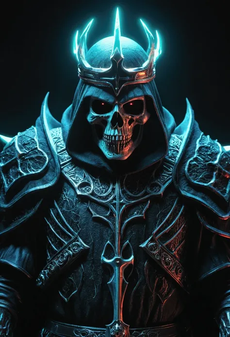 A death king, looks scary and terrifying, powerfull, In a land of death, black neon lights, high quality, high detail, 8k