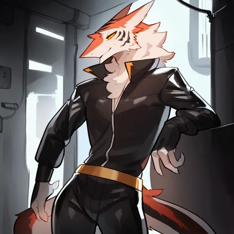 By bebebebebe, by spuydjeks, by buta99, by spikedmauler. an athletic male sergal with tigerstrip fur patterns wearing a cyberpunk outfit