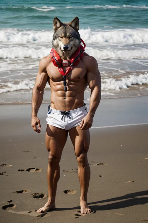 An anthropomorphic muscular wolf lifeguard on the beach 