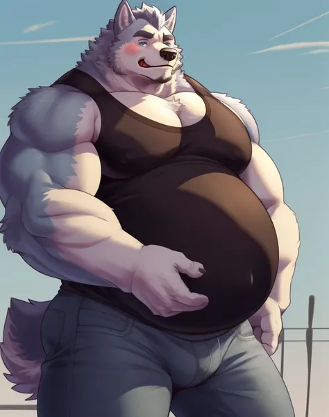 A chubby anthropomorphic husky with sky blue fur with his big belly and pecks sticking out of his tanktop wearing tight jeans, full-body, solo