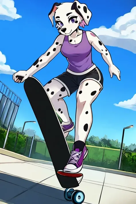 Dalmatian woman, purple sleeveless shirt, shorts negros, Skateboarding