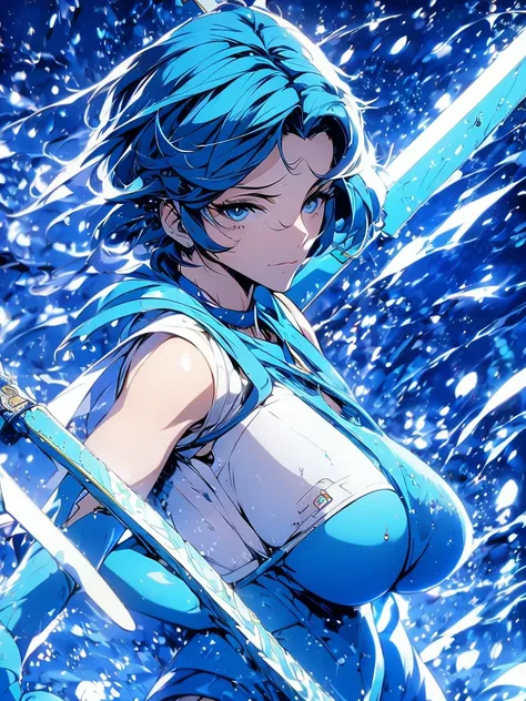 Sailor mercury in full police  suit,long blue hair,Blue Power Ranger, hurricane ,Sexy goth woman big breast, character sheet,inside a pool,High Resolution, Large breasts, cyber samurai,ice swords
￼