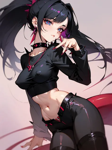 ((Long Straight Black hair)), Perfect face, Choker, Punk earrings, ((Tall)), ((High Quality)), Necklace, ((Mature)), Pretty Eyes, Sharp Nails, Bangs, ((1 Girl)), ((Multiple Earrings)), 1 girl, Spiky Earrings, Adult, Spiked Collar, Thin Eyelashes, Black Bac...