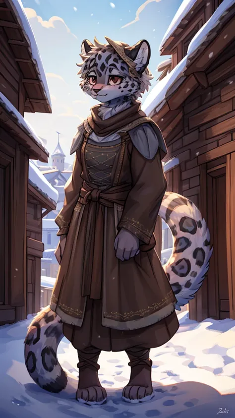 (very detailed illustration: 1.2), best quality, masterpiece, solo, natural lighting, An young anthro female snow leopard with brown eyes, she has snow leopard fur un all her body, she is dressed in peasant clothes, she is in a medieval city.