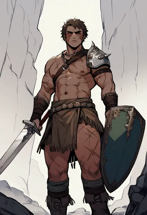 one  men, half giant, holding sword and shield, short hair, scars on the face and body, light outfits, barbarian, RPG