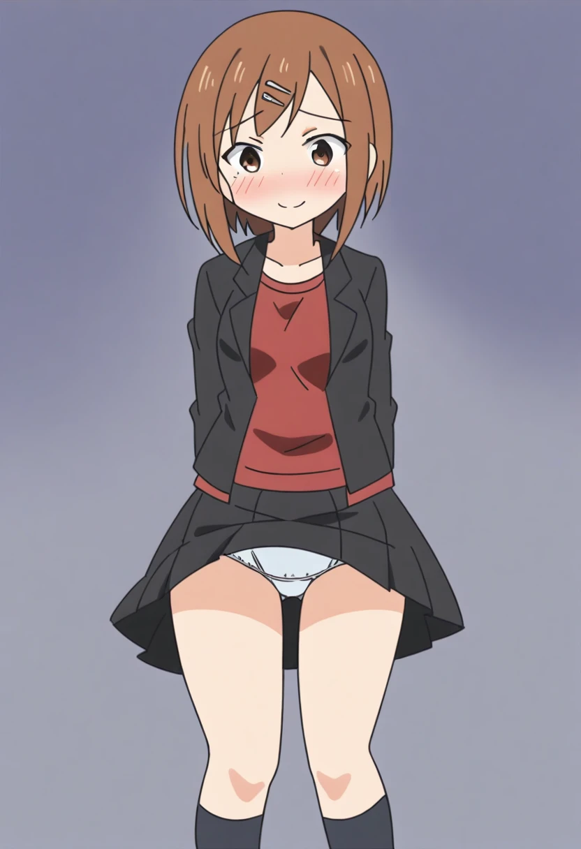 score_9, score_8_up, score_8, source_anime, 1girl, solo, brown eyes, brown hair, hair ornament, hairclip, short hair, black jacket, red shirt, black skirt, embarrassed, smile, from front, ,
outdoor,miniskirt,socks,(((lift skirt,panties))),blush