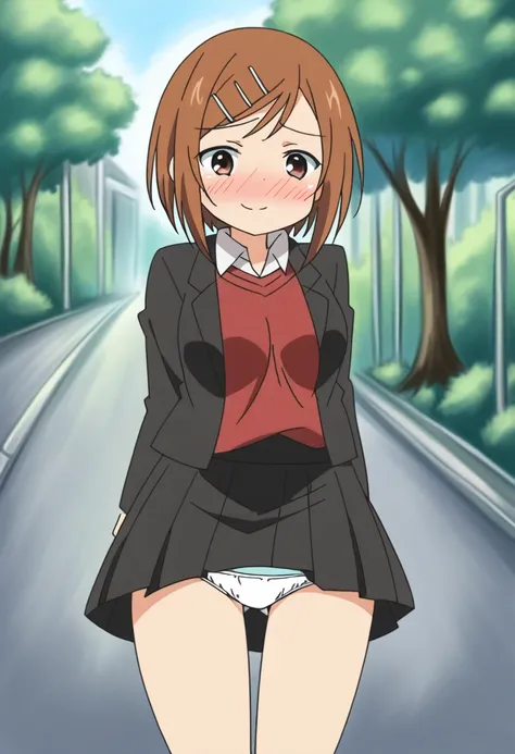 score_9, score_8_up, score_8, source_anime, 1girl, solo, brown eyes, brown hair, hair ornament, hairclip, short hair, black jacket, red shirt, black skirt, embarrassed, smile, from front, ,
outdoor,miniskirt,socks,(((lift skirt,panties))),blush