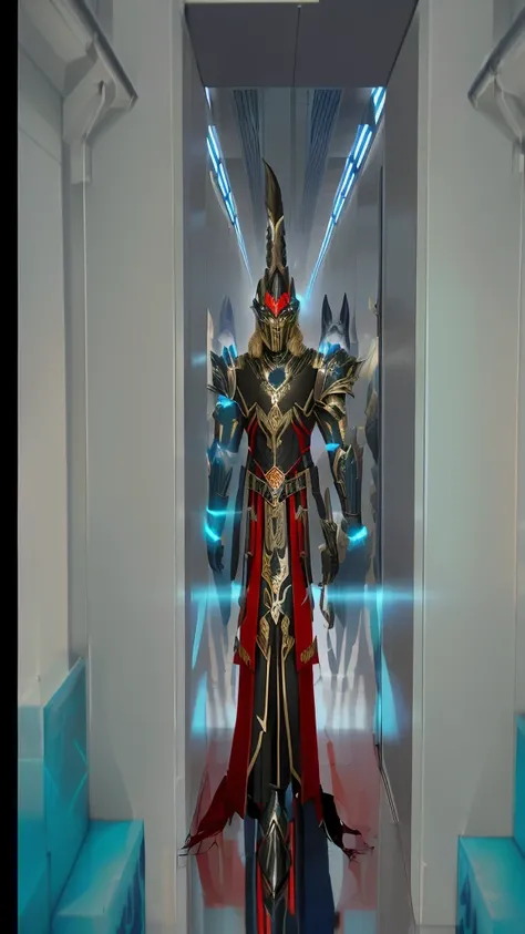 there is a man in a suit standing in a hallway, black fire color reflected armor, the shaman of the subway, black and red reflected armor, mystical anubis valkyrie, lord of cinder, draconic looking armor, an epic majestical degen trader, t-pose of male mag...