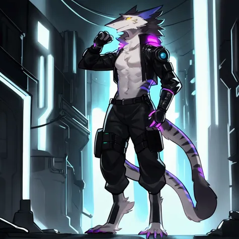 by bebebebebe, by spuydjeks, by buta99, by spikedmauler. athletic male sergal, tigerstrip fur patterns, cyberpunk outfit, hyper ...