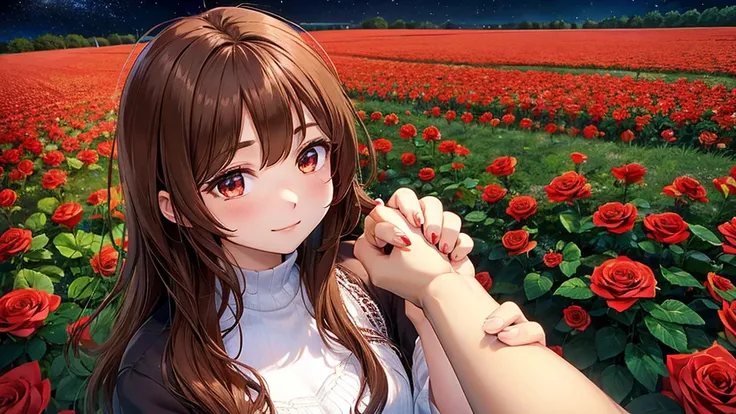 brown-haired guy holding the hand of a girl with long hair. field of red roses