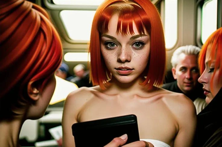 a woman with bright red hair holding a video game , 1girl, solo, looking at viewer, short hair, bangs, holding, closed mouth, upper body, red hair, blunt bangs, orange hair, lips, grey eyes, portrait, freckles, realistic, nose, camera, nua