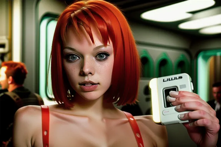 a woman with bright red hair holding a video game , 1girl, solo, looking at viewer, short hair, bangs, holding, closed mouth, up...