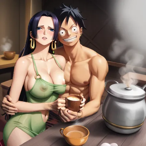 sitting at a table with a steaming pot and a cup of coffee, a picture inspired by Eiichiro Oda, tumblr, conceptual art, from one piece, range murata and artgerm, nico robin, one piece, masayoshi suto and artgerm, wonderful, high quality fanart, one piece a...