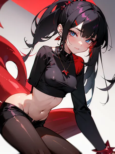 ((Long Straight Black hair)), Perfect face, Choker, Punk earrings, ((Tall)), ((High Quality)), Necklace, ((Mature)), Pretty Eyes, Sharp Nails, Bangs, ((1 Girl)), ((Multiple Earrings)), 1 girl, Spiky Earrings, Adult, Spiked Collar, Thin Eyelashes, Black Bac...