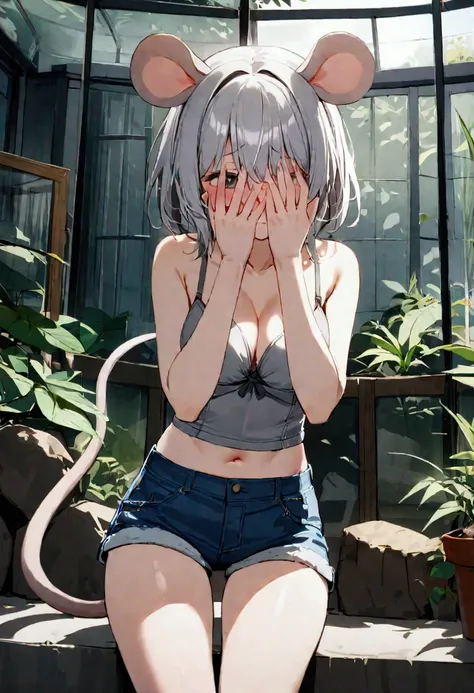 1girl with short grey hair, black eyes, slender body, medium breasts, natural mouse ears, natural mouse tail, blush, embarrassed, cover her face, grey bra, short shorts,zoo aviary