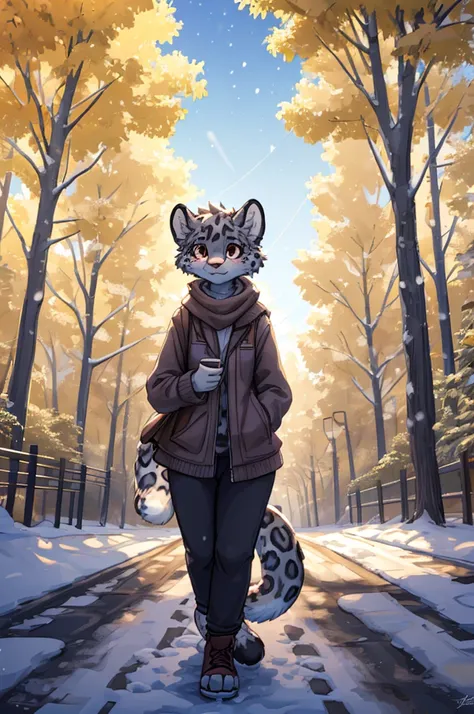 (very detailed illustration: 1.2), best quality, masterpiece, solo, natural lighting, An young anthro female snow leopard with brown eyes, she has snow leopard fur un all her body, she is dressed in casual clothes, she is in a big bright city, she is in a ...