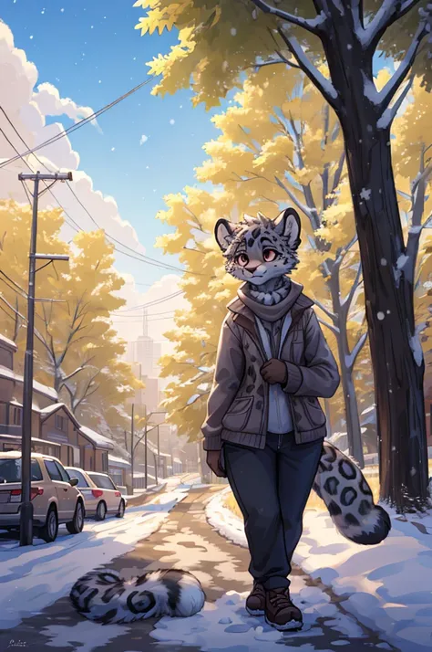 (very detailed illustration: 1.2), best quality, masterpiece, solo, natural lighting, An young anthro female snow leopard with brown eyes, she has snow leopard fur un all her body, she is dressed in casual clothes, she is in a big bright city, she is in a ...