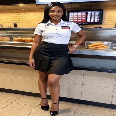 A realistic photo of a sexy fast food worker only wearing a short mini skirt and high heels. She has no shirt and is bent over woth panties peeking out from under her skirt


