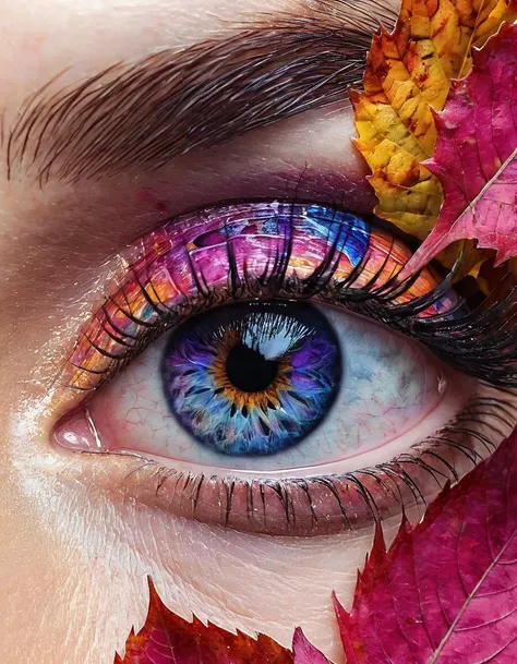 "Ultra-realistic close-up of a human eye surrounded by colorful autumn leaves. The iris is vibrant and detailed, featuring intricate patterns and colors like purple and pink with hints of blue. The eyelashes are sharply defined, and the lighting enhances t...