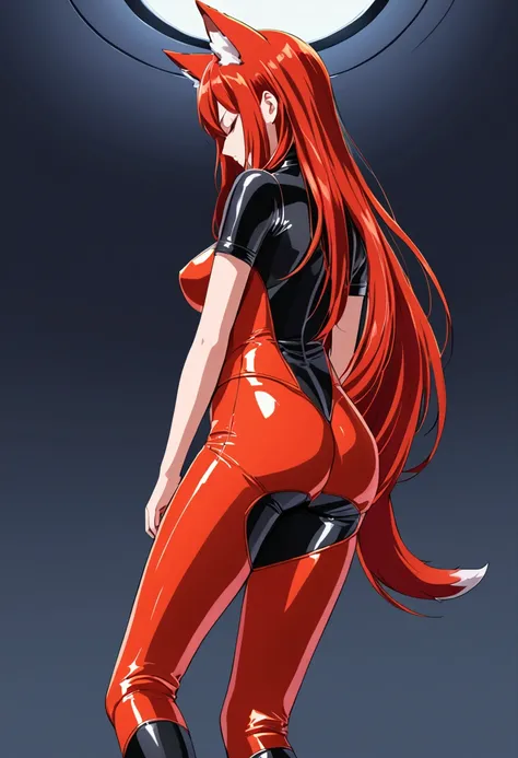 Girl in anime style in the form of a fox, with long red hair standing in tight latex underwear with her head down 