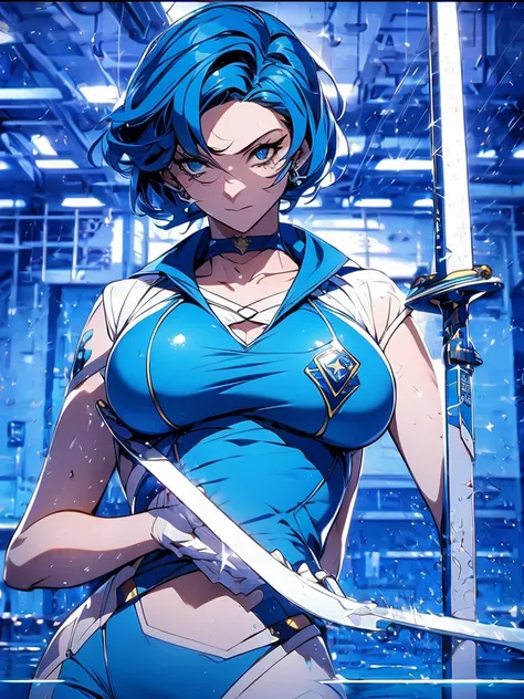 Sailor mercury in full police  suit,long blue hair,Blue Power Ranger, hurricane ,Sexy goth woman big breast, character sheet,inside a pool,High Resolution, Large breasts, cyber samurai,ice swords
￼,blue lips