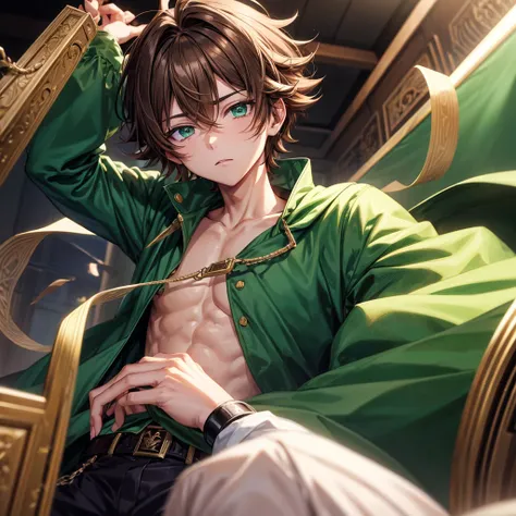 Anime boy with light brown hair with emerald green eyes with a lock of hair covering his left eye 