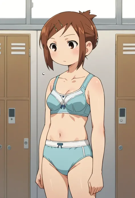 score_9, score_8_up, score_8, source_anime, 1girl, solo, brown eyes, brown hair, hair ornament, hairclip, short hair, locker room,standing,bra,panties,