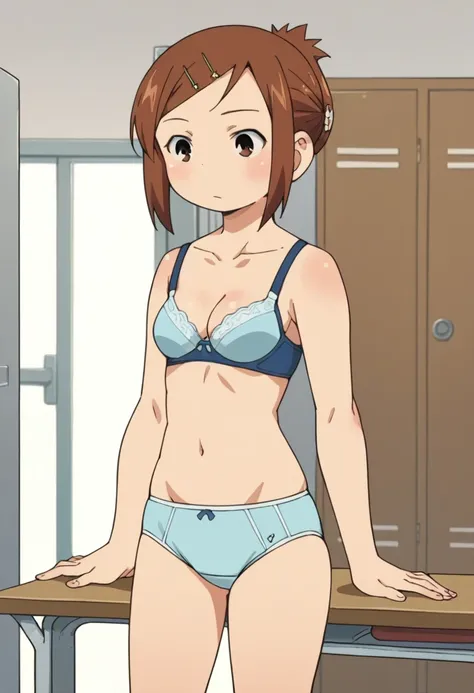 score_9, score_8_up, score_8, source_anime, 1girl, solo, brown eyes, brown hair, hair ornament, hairclip, short hair, locker roo...