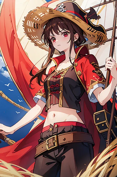 1 female, medium length brown hair, wearing pirate clothing, wearing straw hat with red band, on a pirate ship, wearing straw hat