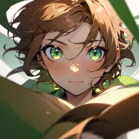 Anime boy with light brown hair with emerald green eyes with a lock of hair covering his left eye 