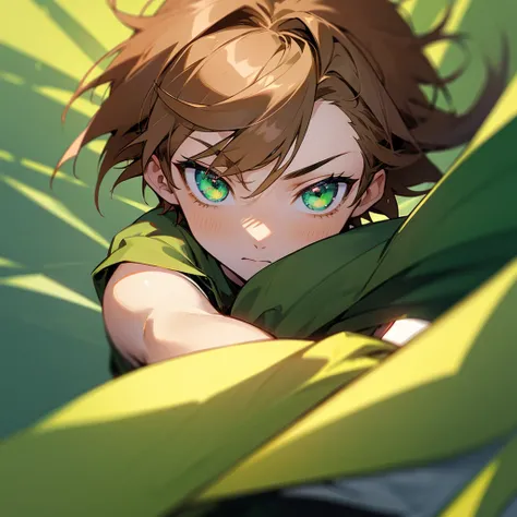 Anime boy with light brown hair with emerald green eyes with a lock of hair covering his left eye 