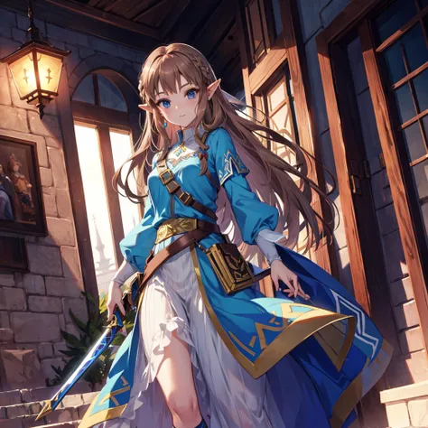 Princess Zelda full body shot, Brown Hair, blue eyes, Dressed as an Assassin&#39;s Creed Assassin, white+金色でwhiteいマスクと金色のディテールが施されたフード, XL Bust, Using the Wrist Blade. background: Renaissance city. Unreal Engine 5, anime, anime style, masterpiece, Well dra...